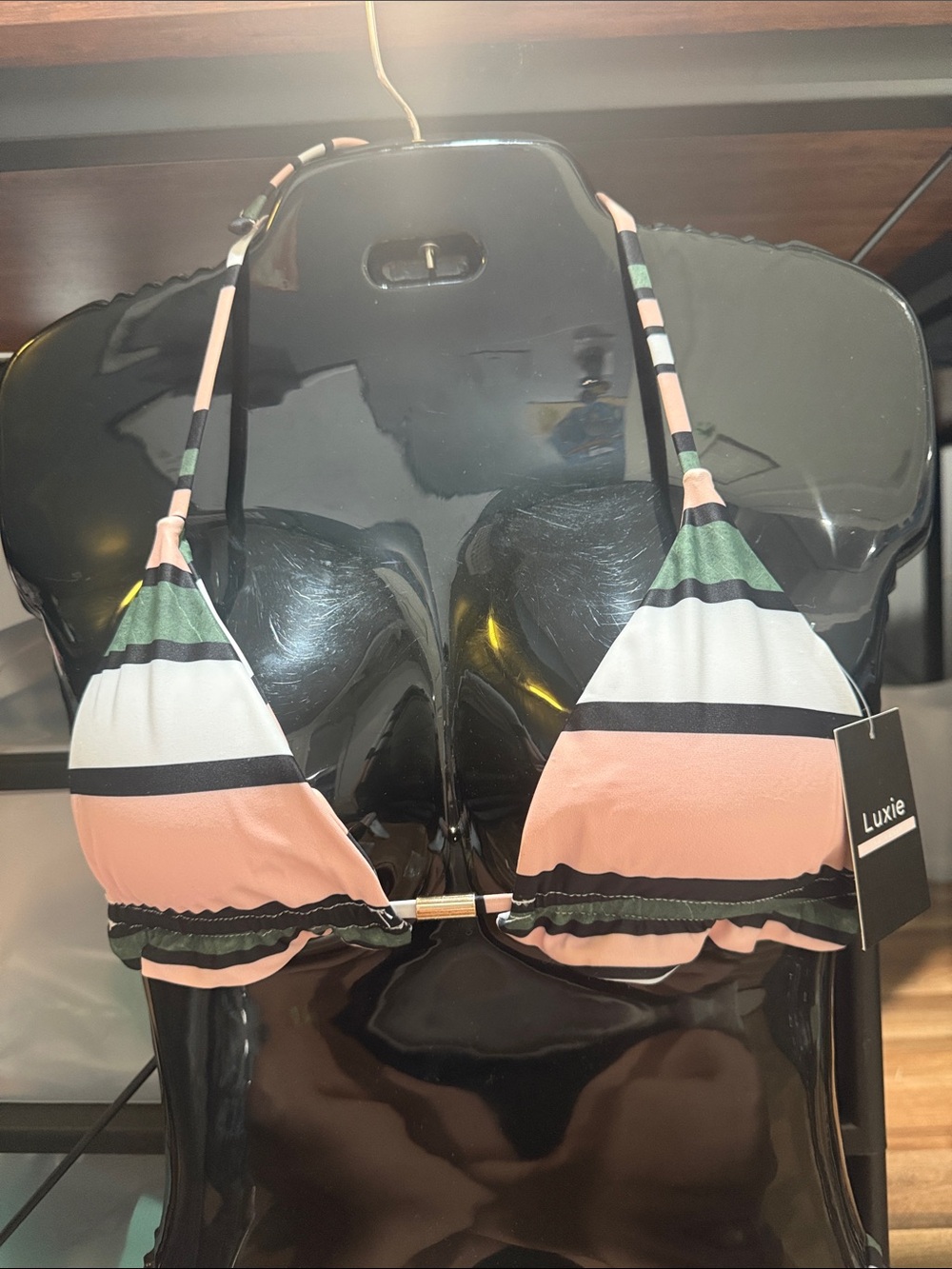 Luxie Peach, Green & White Striped Triangle Bikini Top